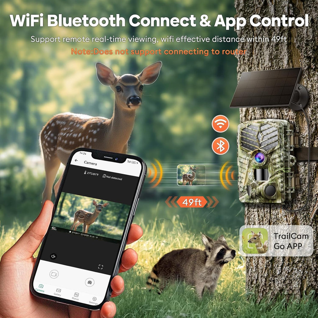 Trail Camera Wifi - Solar Powered 4K 64MP Game Cameras with Night Vision Motion Activated Waterproof with 32GB Micro SD Card, IP66 120° Detection Angle 0.2S Trigger 940Nm No Glow LED Wildlife