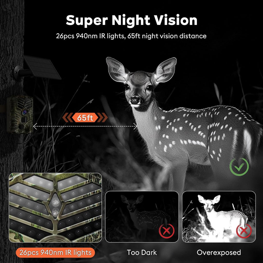 Trail Camera Wifi - Solar Powered 4K 64MP Game Cameras with Night Vision Motion Activated Waterproof with 32GB Micro SD Card, IP66 120° Detection Angle 0.2S Trigger 940Nm No Glow LED Wildlife