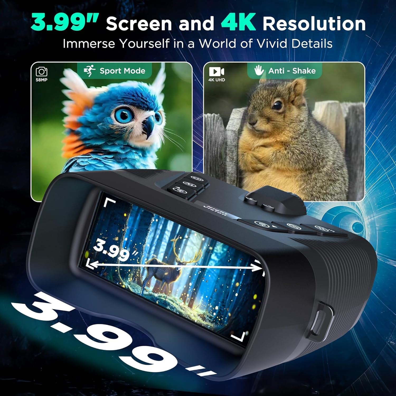 Night Vision Goggles, 58MP Full-Color 4K Night Vision Binoculars for Adults with 10000Mah Fast Charging Battery, 64GB Card, 3.99" Screen and 1968FT Viewing Range for Camping Hunting & Security(Black)