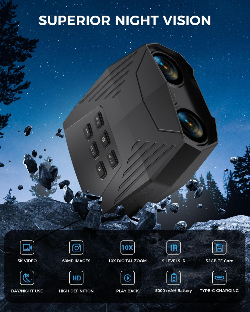 Night Vision Goggles - Night Vision Binoculars for Adults, 5000Mah Rechargeable Infrared Binoculars with 3'' Large Screen, 10X Digital Zoom External Flashlight for Camping