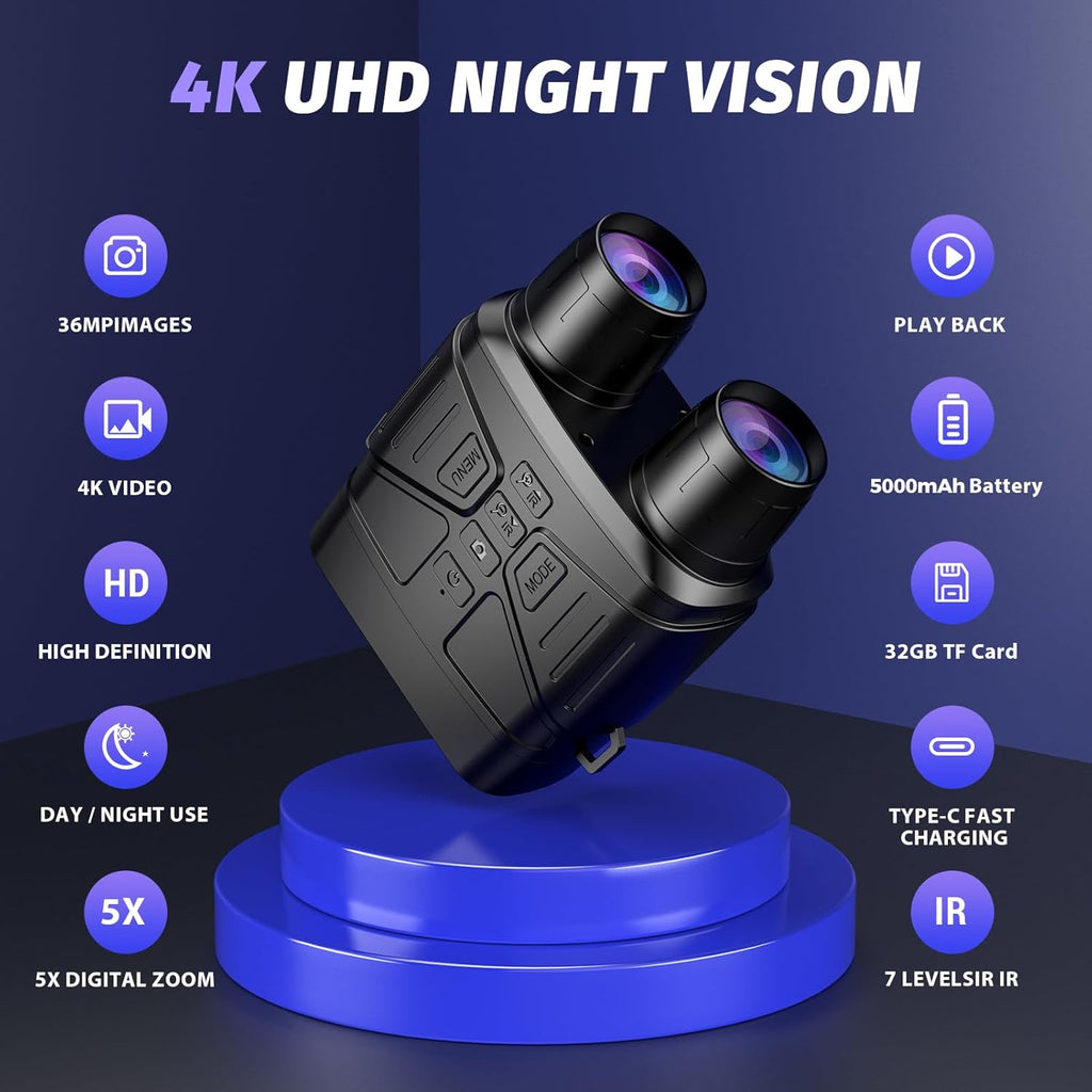 Night Vision Goggles - 4K Night Vision Binoculars with 5000Mah Rechargeable Battery, 32GB TF Card Can save Photo and Video, 3'' HD Screen for Camping & Security, Black
