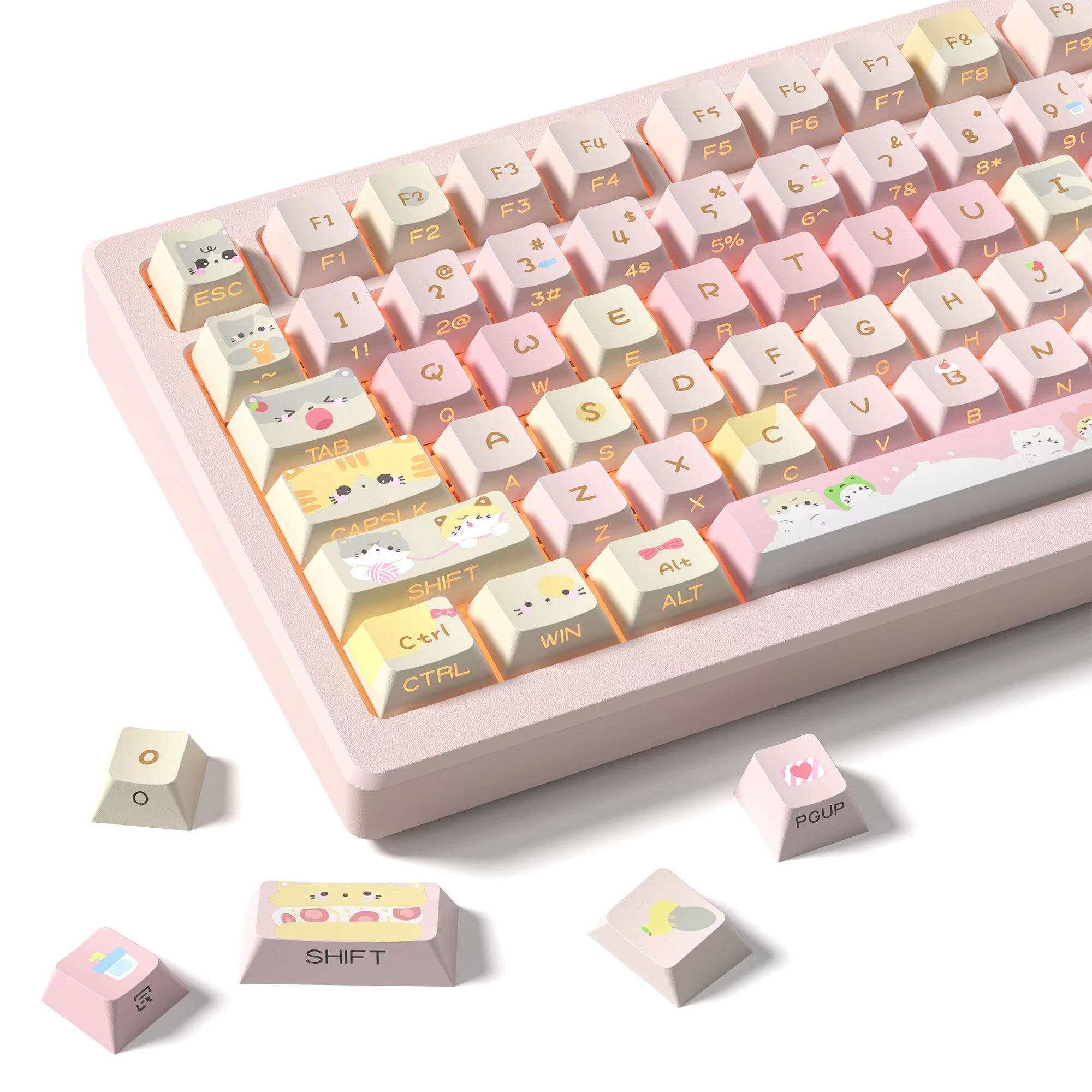130 Keys Pink Cat Shine through Keycaps Dye Sub Side Print PBT Keycaps Cherry Profile for Cherry Gateron MX Switches Keyboard
