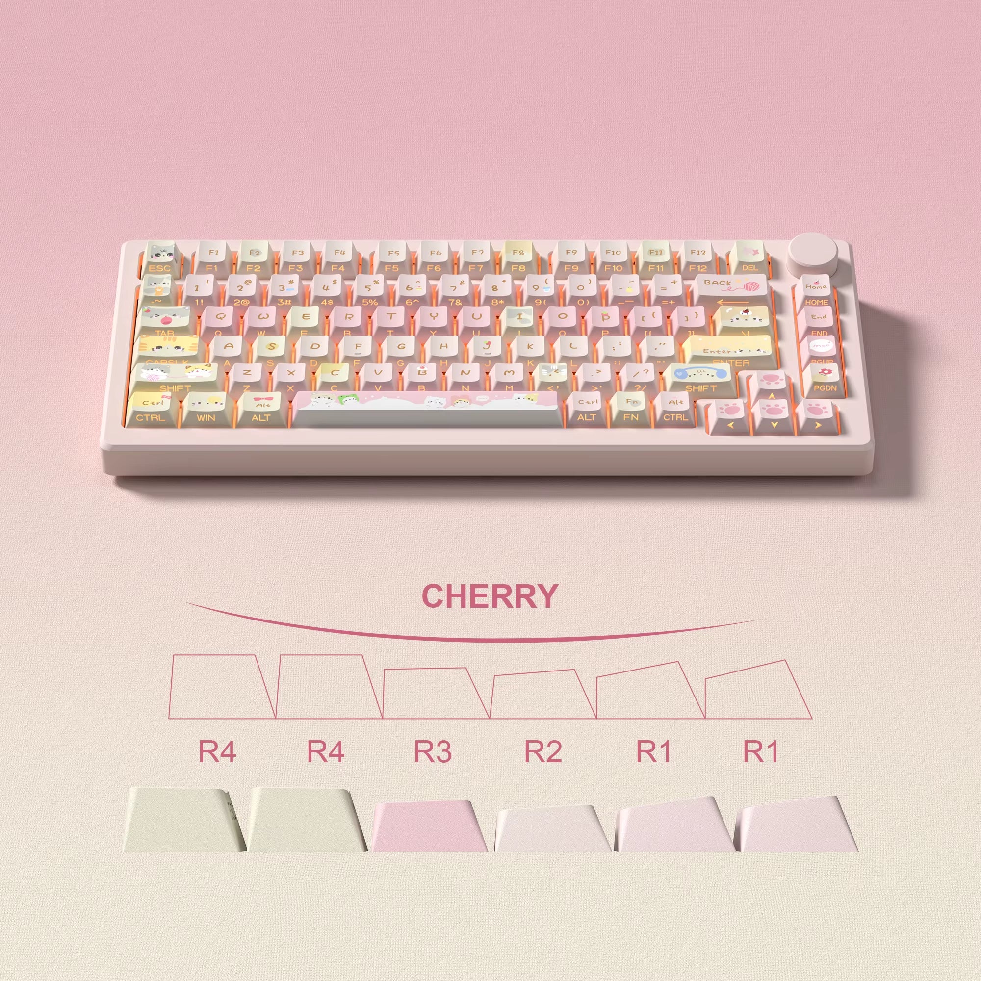 130 Keys Pink Cat Shine through Keycaps Dye Sub Side Print PBT Keycaps Cherry Profile for Cherry Gateron MX Switches Keyboard